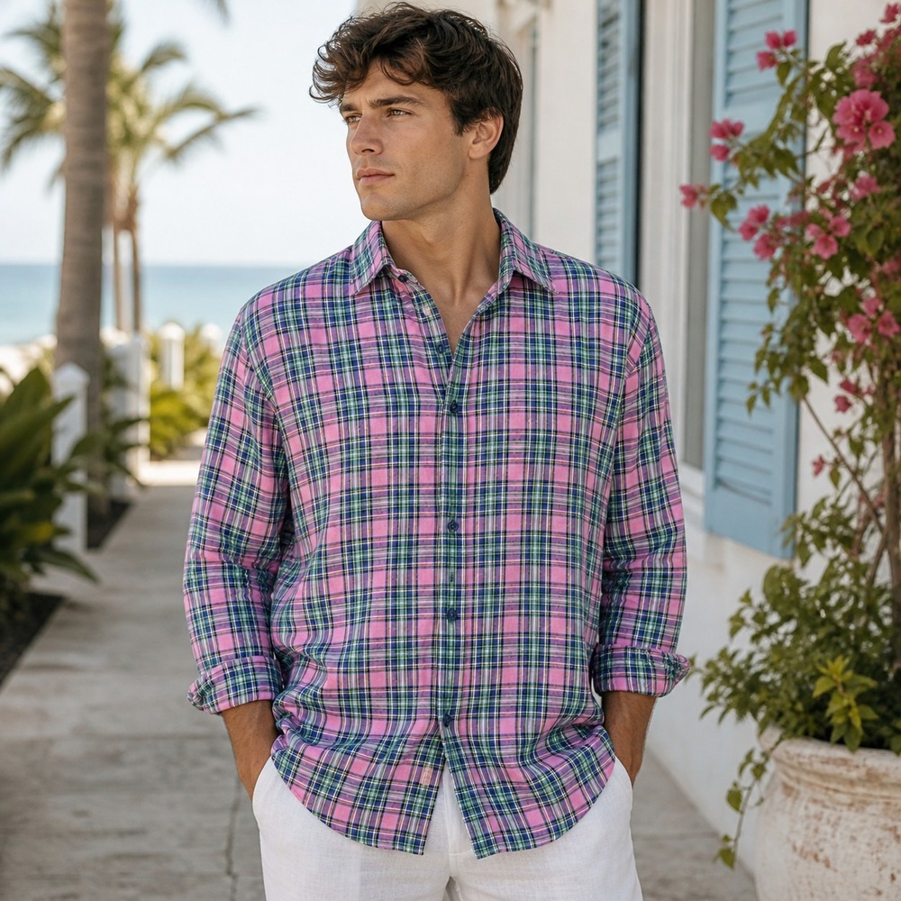 Jared Lang Mens Linen‎ Shirt  XL Pink Plaid Button Up Coastal Altered to size L